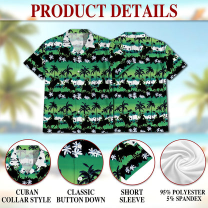 Netecom Green Bull Riding Palm Tree Hawaiian Shirt for Men, Button Down Summer Beach Short Sleeve, Tropical Style, Sizes S-5XL