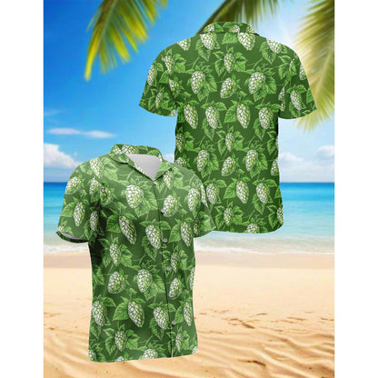 Netecom Green Hops Hawaiian Shirt for Men, Button Down Summer Beach Short Sleeve, Tropical Style, Sizes S-5XL