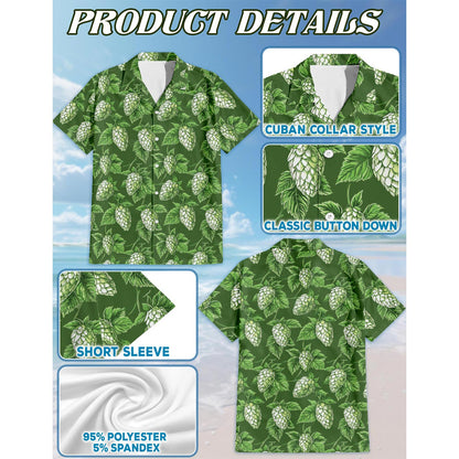 Netecom Green Hops Hawaiian Shirt for Men, Button Down Summer Beach Short Sleeve, Tropical Style, Sizes S-5XL