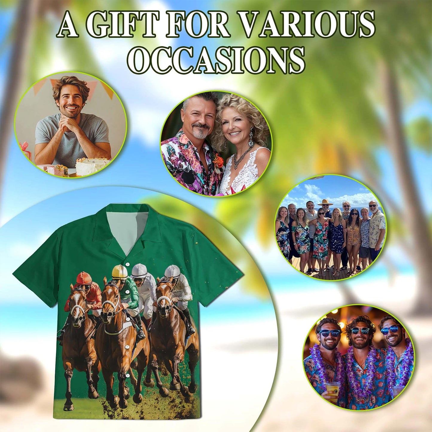 Netecom Green Horse Racing Hawaiian Shirt for Men, Button Down Summer Beach Short Sleeve, S-5XL