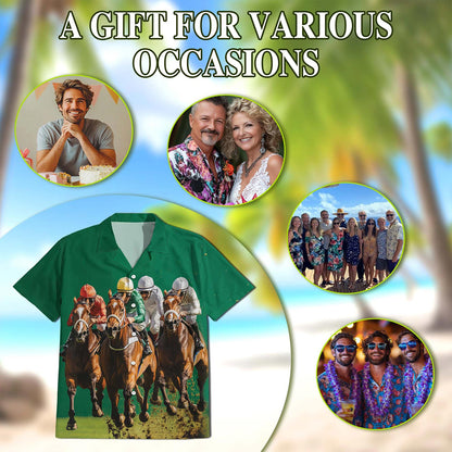 Netecom Green Horse Racing Hawaiian Shirt for Men, Button Down Summer Beach Short Sleeve, S-5XL