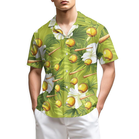 Netecom Green Softball And Baseball Bat Tropical Hawaiian Shirt for Men