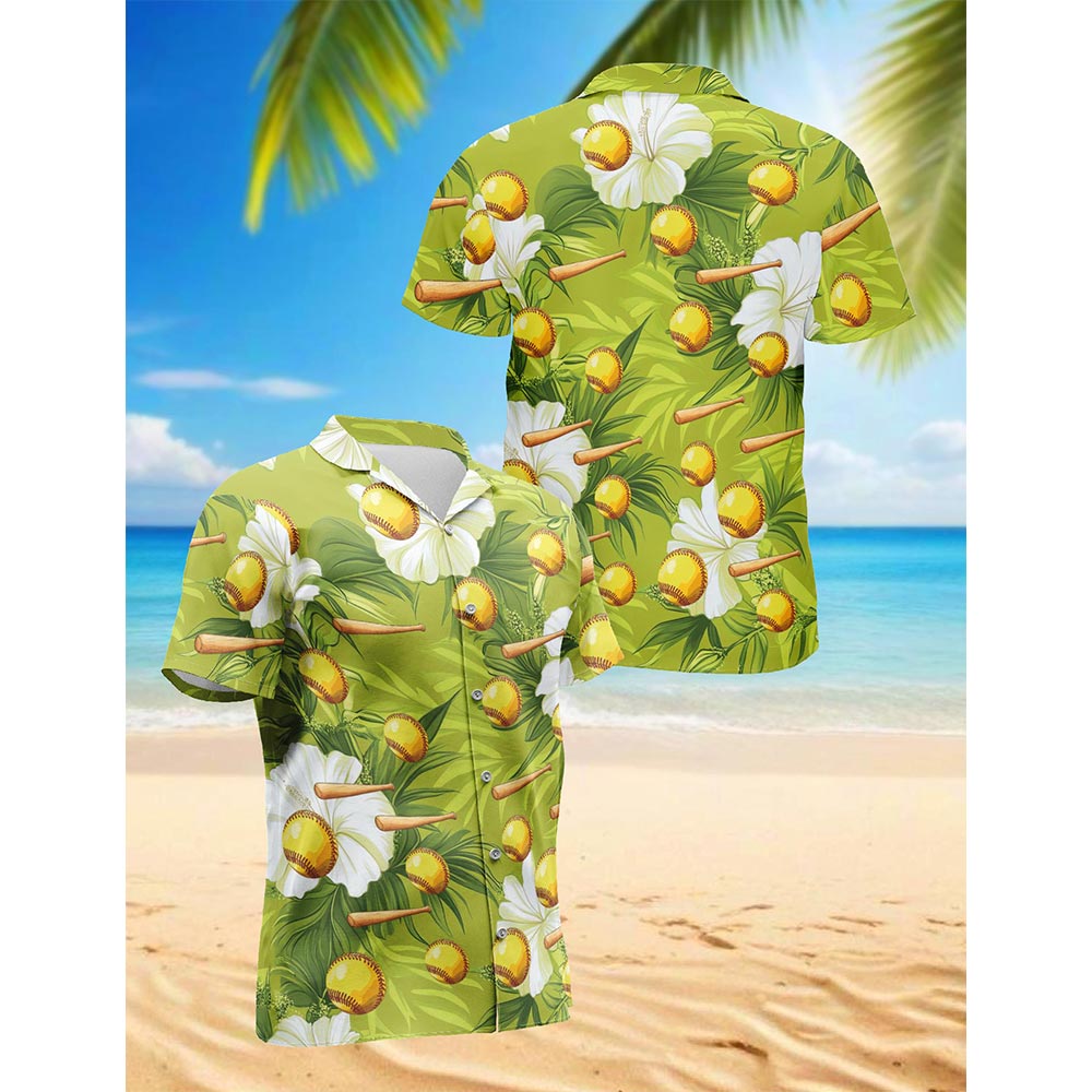 Netecom Green Softball And Baseball Bat Tropical Hawaiian Shirt for Men, Button Down Summer Beach Short Sleeve, S-5XL