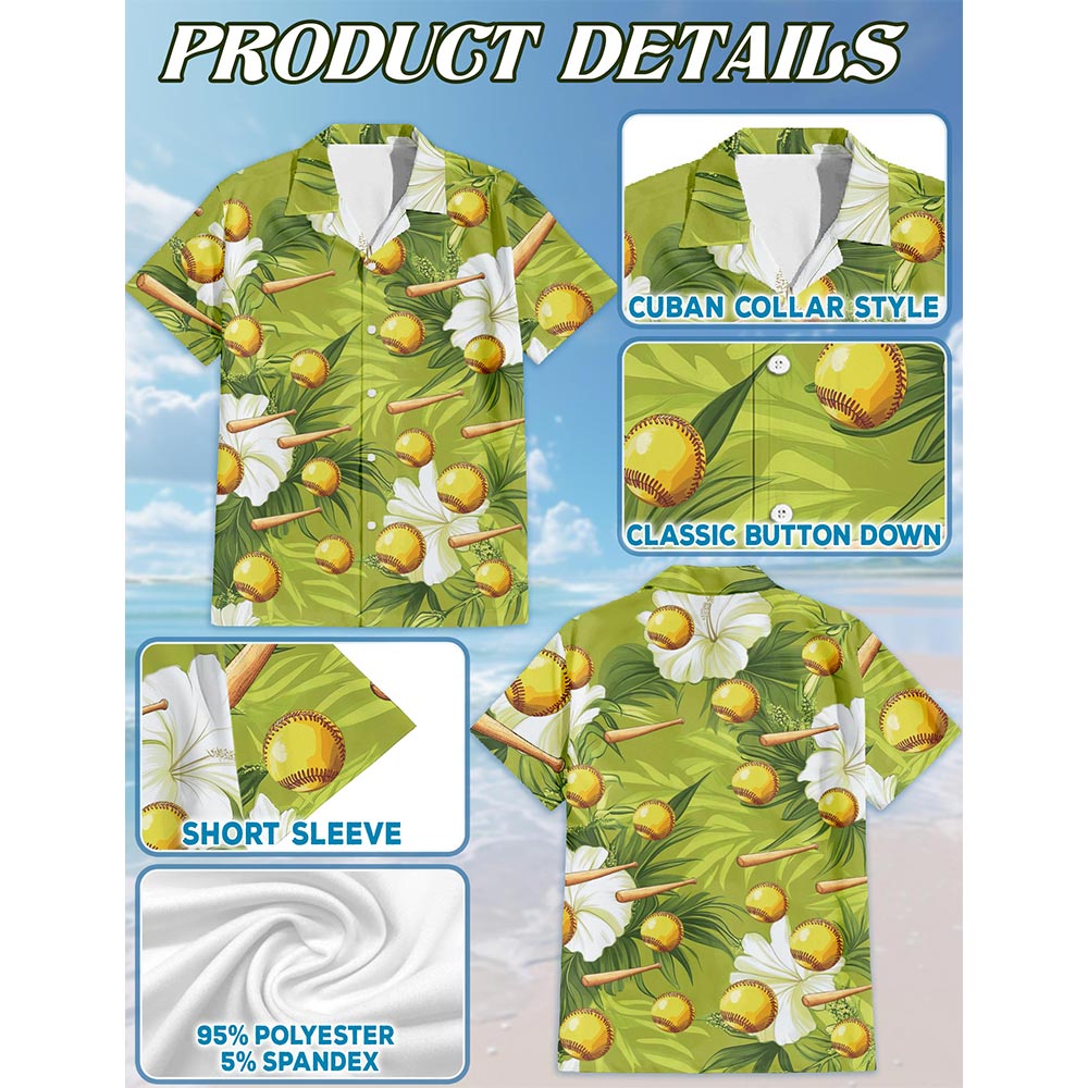 Netecom Green Softball And Baseball Bat Tropical Hawaiian Shirt for Men, Button Down Summer Beach Short Sleeve, S-5XL