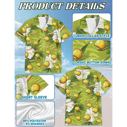 Netecom Green Softball And Baseball Bat Tropical Hawaiian Shirt for Men, Button Down Summer Beach Short Sleeve, S-5XL