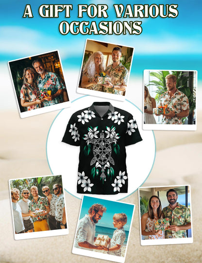Netecom Green Turtle Hawaiian Shirt for Men, Button Down Summer Beach Short Sleeve, Vintage Style, Sizes S-5XL