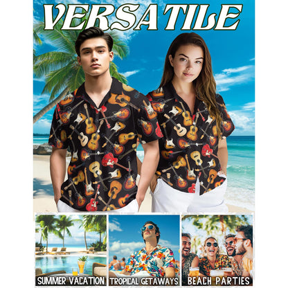 Netecom Guitar Hawaiian Shirt for Men, Button Down Summer Beach Short Sleeve, Retro Style, Sizes S-5XL