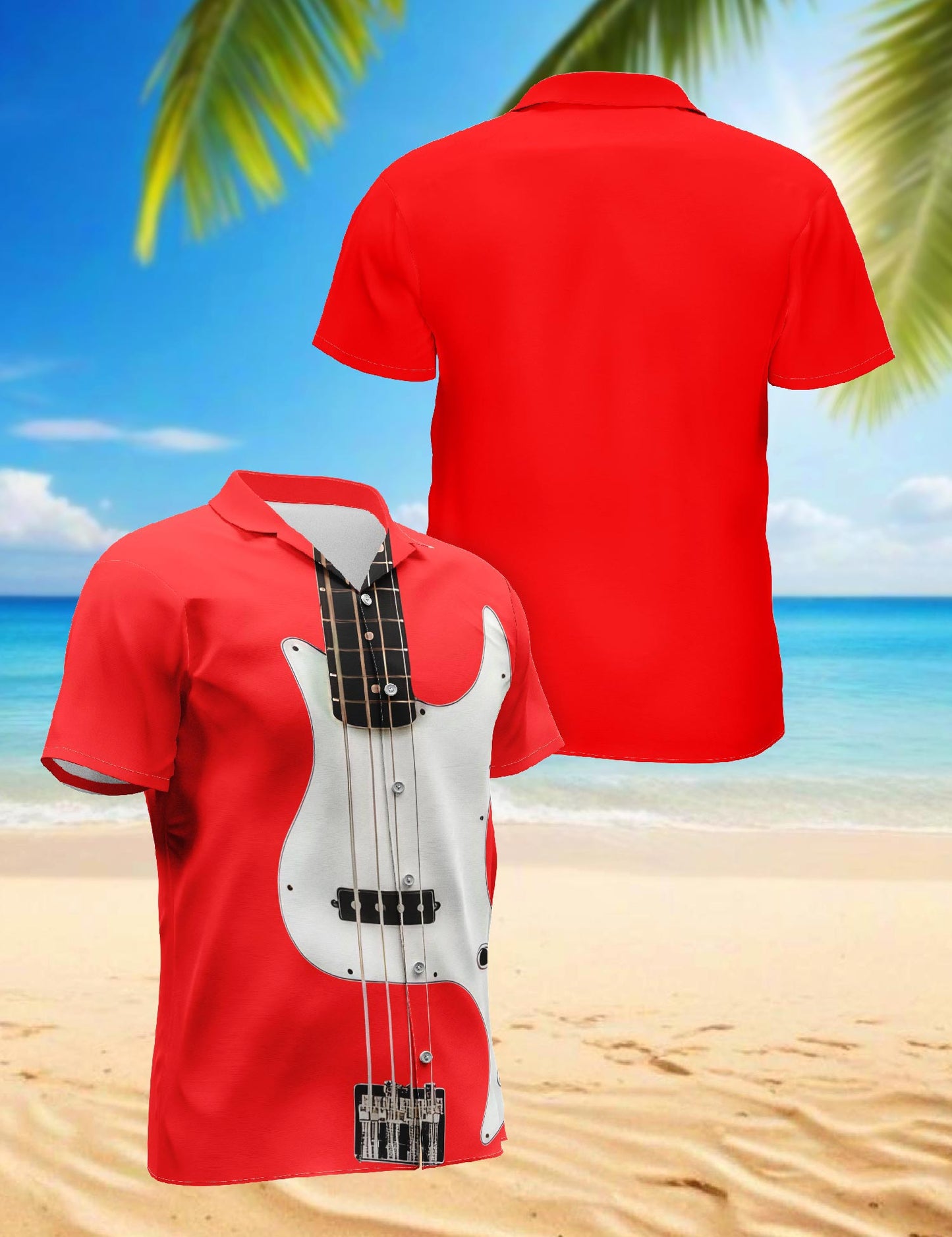 Netecom Red Bass Guitar Hawaiian Shirt for Men, Button Down Summer Beach Short Sleeve, S-5XL