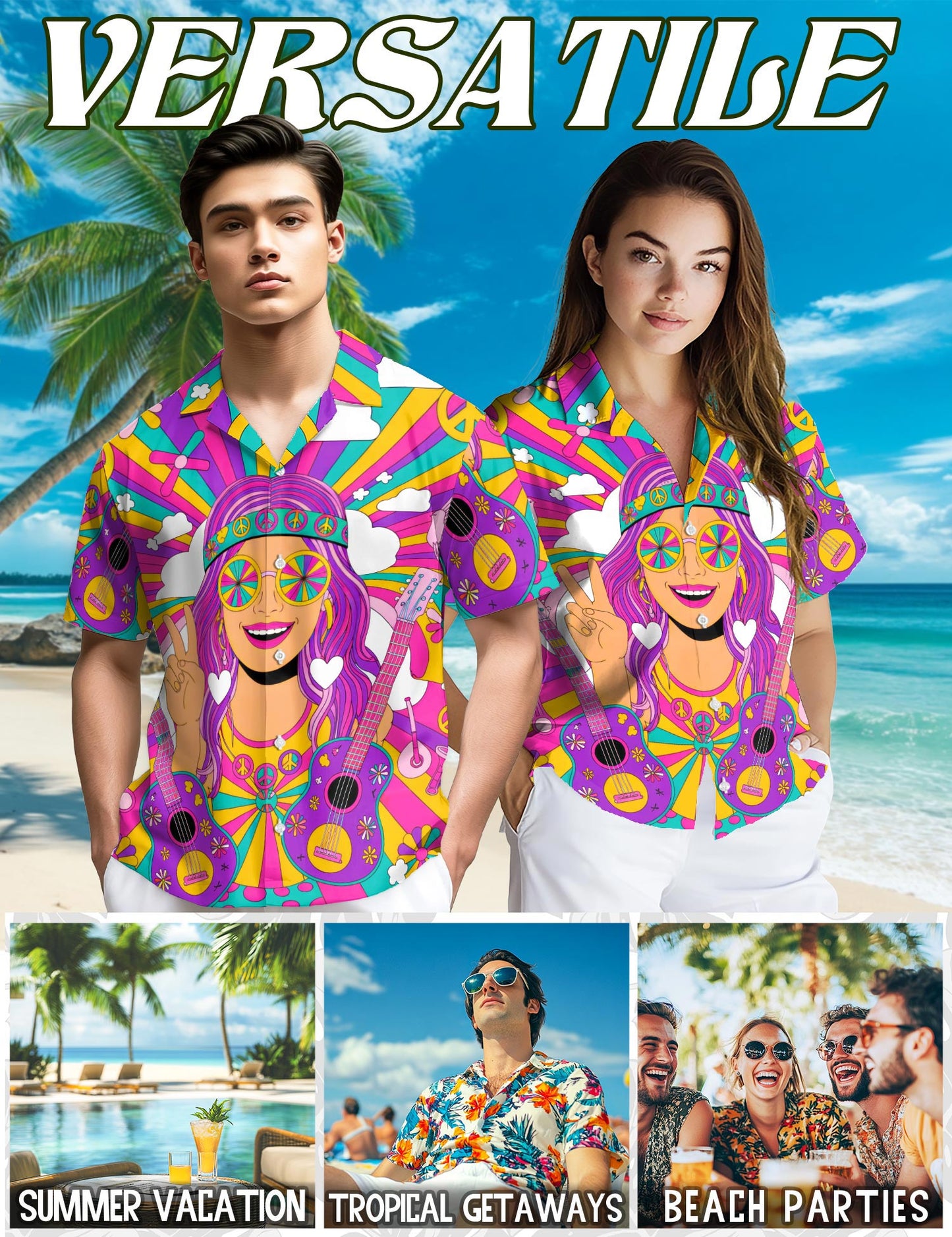 Netecom Guitar Hippie Hawaiian Shirt for Men, Hippie Style, Button Down Summer Beach Short Sleeve, S-5XL