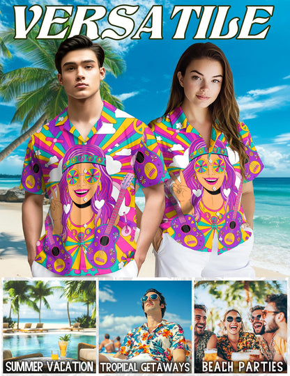 Netecom Guitar Hippie Hawaiian Shirt for Men, Hippie Style, Button Down Summer Beach Short Sleeve, S-5XL