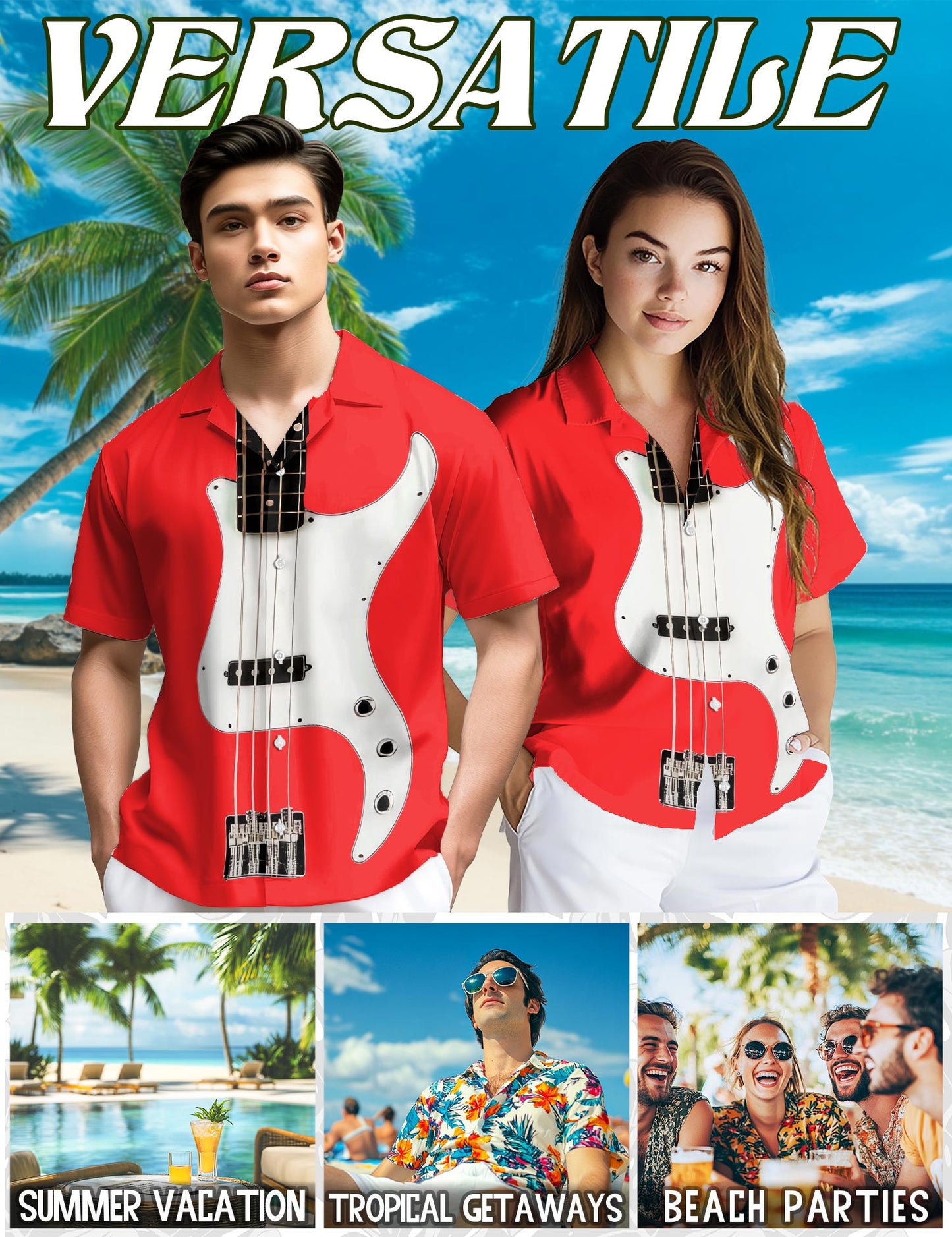 Netecom Red Bass Guitar Hawaiian Shirt for Men, Button Down Summer Beach Short Sleeve, S-5XL