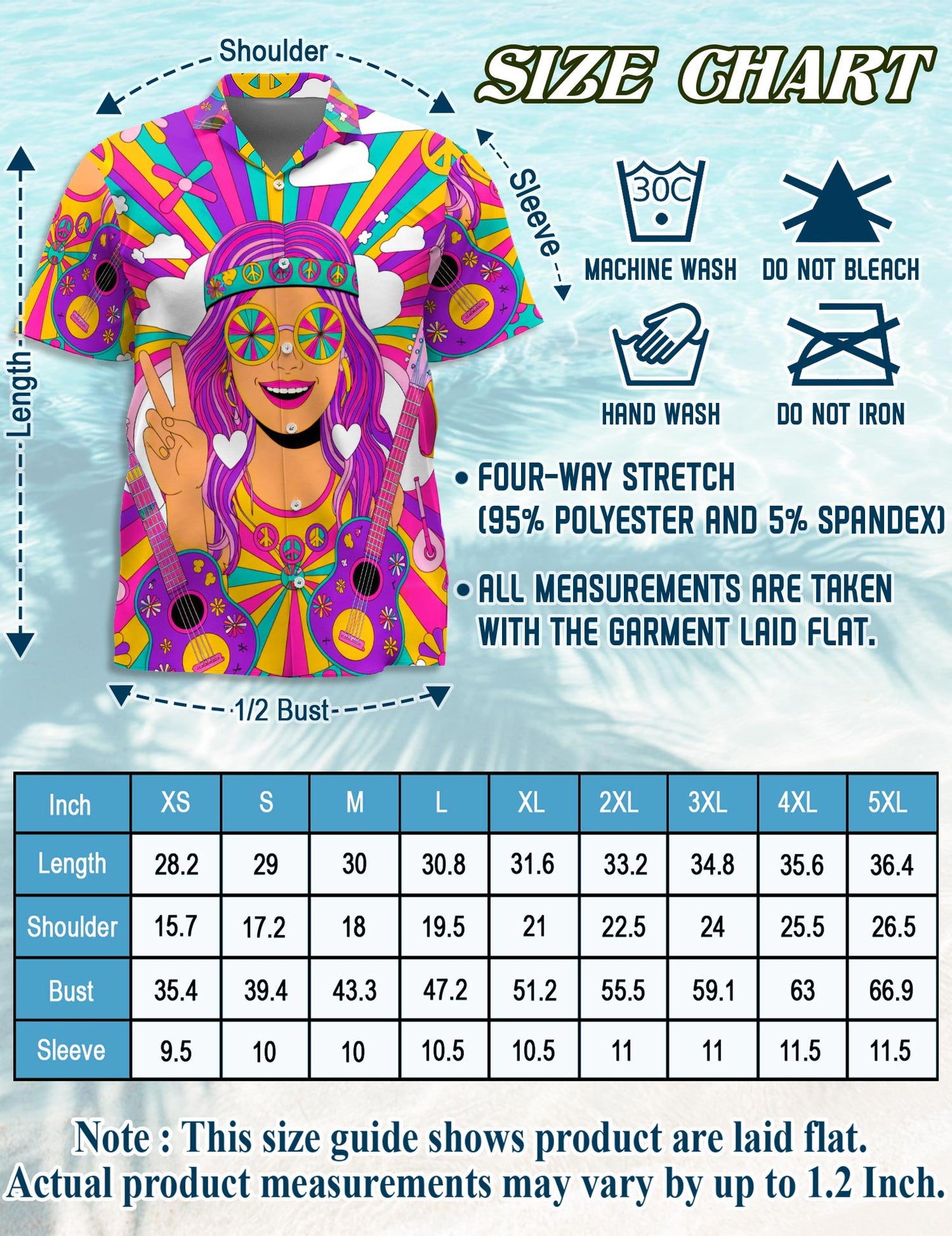 Netecom Guitar Hippie Hawaiian Shirt for Men, Hippie Style, Button Down Summer Beach Short Sleeve, S-5XL