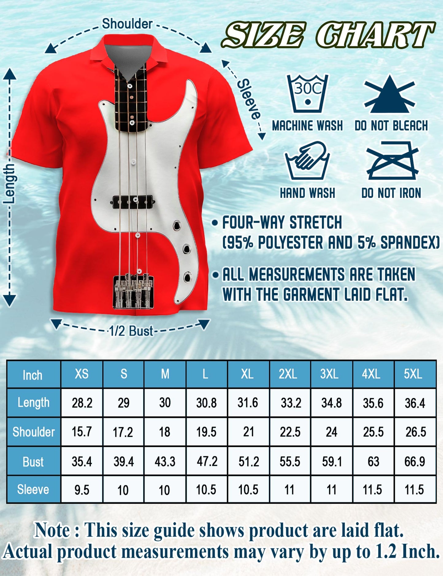 Netecom Red Bass Guitar Hawaiian Shirt for Men, Button Down Summer Beach Short Sleeve, S-5XL