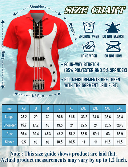 Netecom Red Bass Guitar Hawaiian Shirt for Men, Button Down Summer Beach Short Sleeve, S-5XL