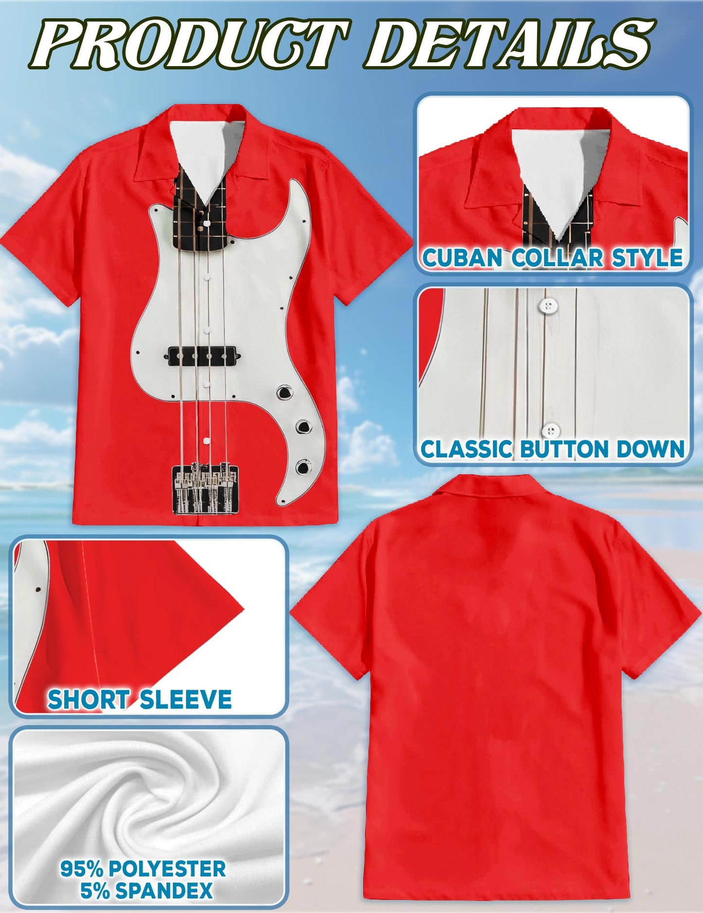 Netecom Red Bass Guitar Hawaiian Shirt for Men, Button Down Summer Beach Short Sleeve, S-5XL