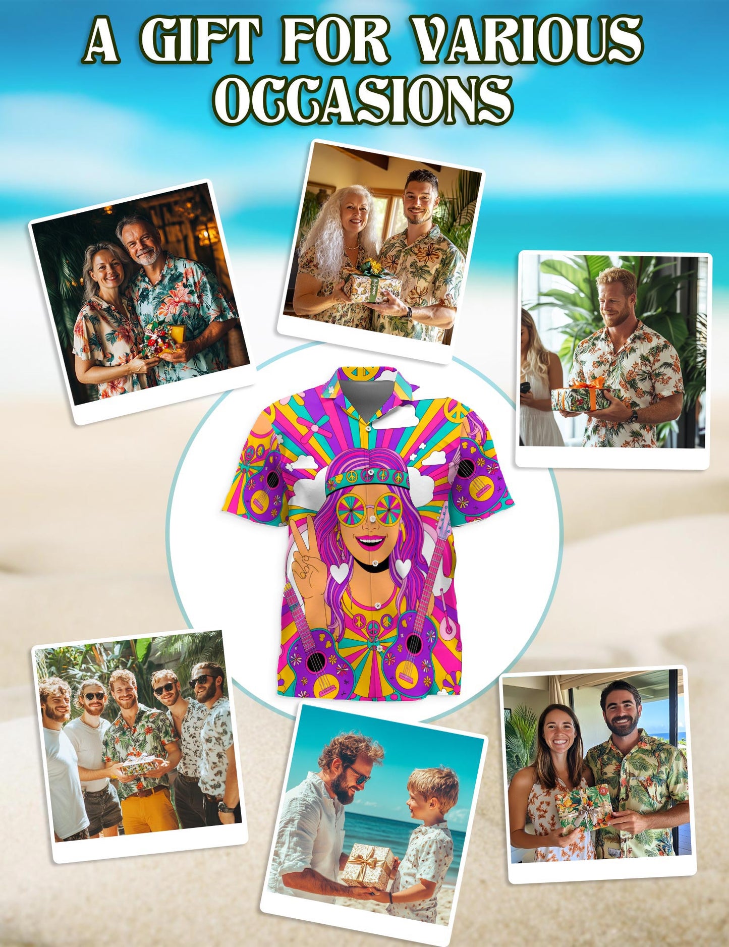 Netecom Guitar Hippie Hawaiian Shirt for Men, Hippie Style, Button Down Summer Beach Short Sleeve, S-5XL