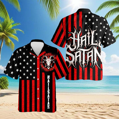 Vintage Occult-Themed American Flag Summer Shirt – Men’s Button Down Short Sleeve Aloha Top