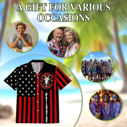 Vintage Occult-Themed American Flag Summer Shirt – Men’s Button Down Short Sleeve Aloha Top