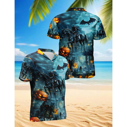 Netecom Headless Horseman Halloween Hawaiian Shirt for Men, Button Down Summer Beach Short Sleeve, Gothic Style, S-5XL