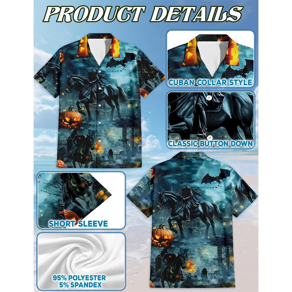 Netecom Headless Horseman Halloween Hawaiian Shirt for Men, Button Down Summer Beach Short Sleeve, Gothic Style, S-5XL