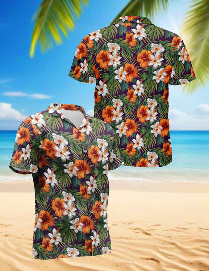 Netecom Hibiscus Purple Hawaiian Shirt for Men, Tropical Style, Button Down Summer Beach Short Sleeve, S-5XL
