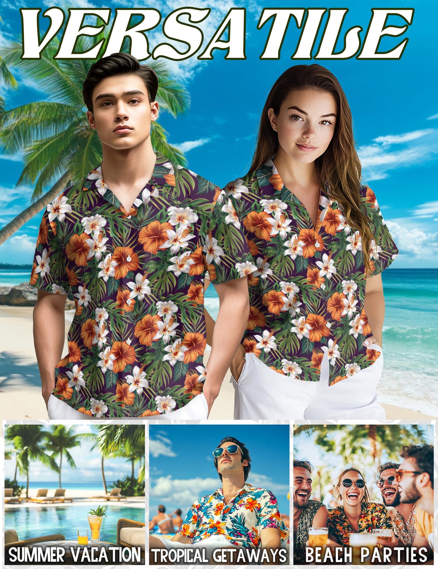 Netecom Hibiscus Purple Hawaiian Shirt for Men, Tropical Style, Button Down Summer Beach Short Sleeve, S-5XL