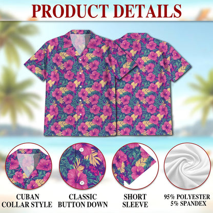 Netecom Hibiscus Purple Hawaiian Shirt for Men, Button Down Summer Beach Short Sleeve, Tropical Style, Sizes S-5XL
