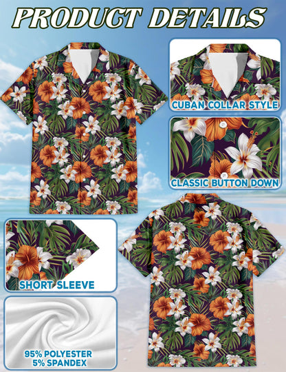 Netecom Hibiscus Purple Hawaiian Shirt for Men, Tropical Style, Button Down Summer Beach Short Sleeve, S-5XL