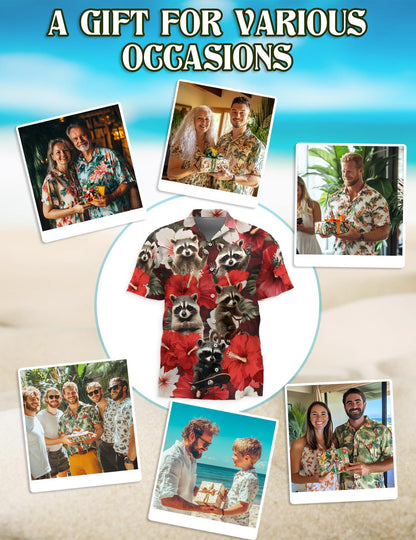 Netecom Hibiscus Raccoon Hawaiian Shirt for Men, Button Down Summer Beach Short Sleeve, Tropical Style, Sizes S-5XL