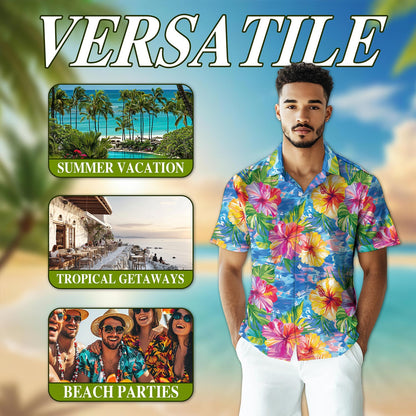 Netecom Hibiscus Seas Blue Hawaiian Shirt for Men, Button Down Summer Beach Short Sleeve, Tropical Style, Sizes S-5XL