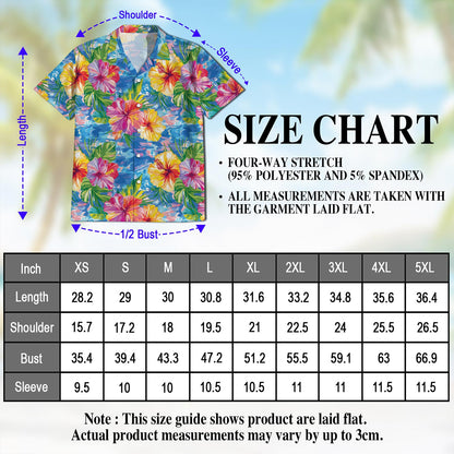 Netecom Hibiscus Seas Blue Hawaiian Shirt for Men, Button Down Summer Beach Short Sleeve, Tropical Style, Sizes S-5XL