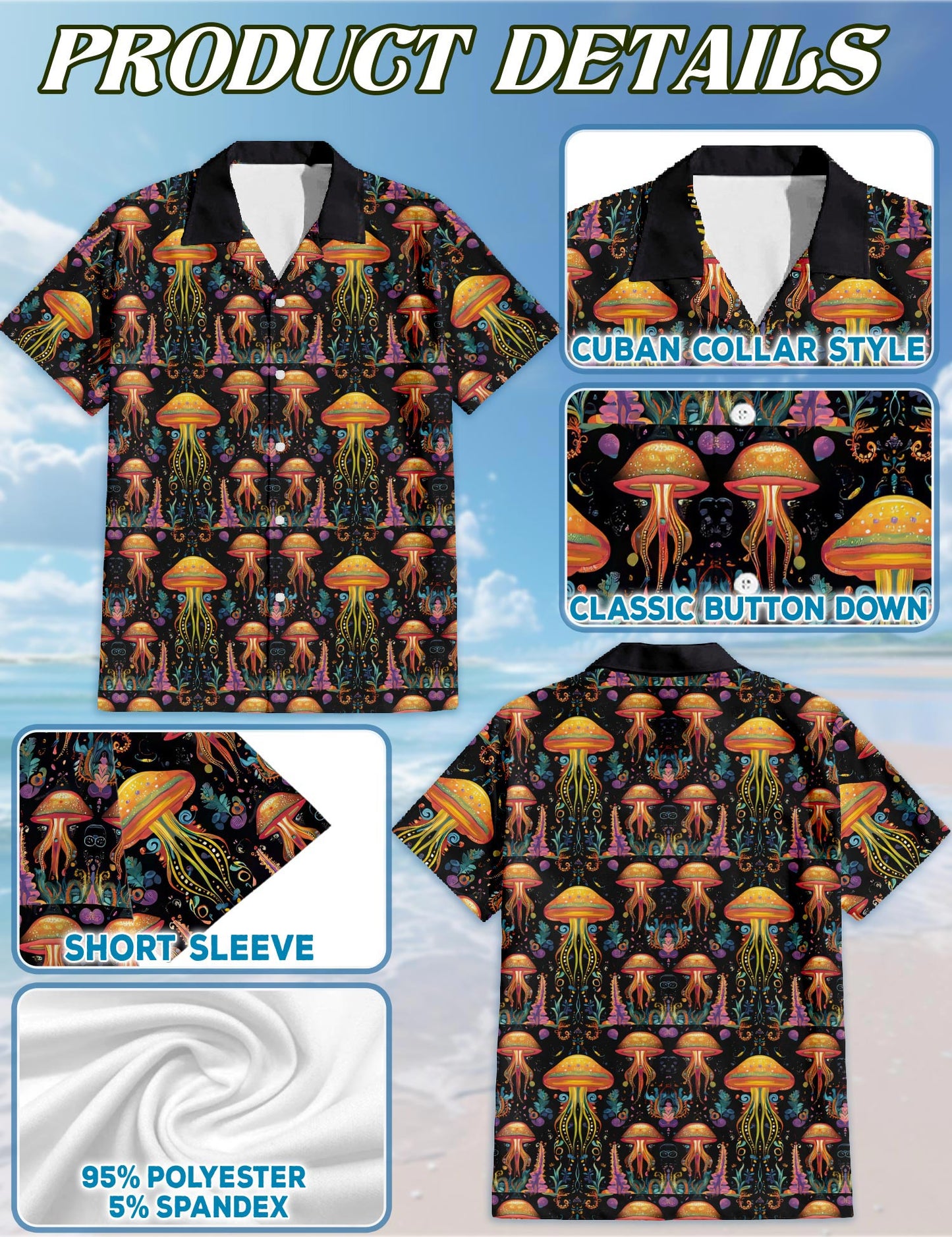 Netecom Hippie Jellyfish Hawaiian Shirt for Men, Retro Style, Button Down Summer Beach Short Sleeve, S-5XL