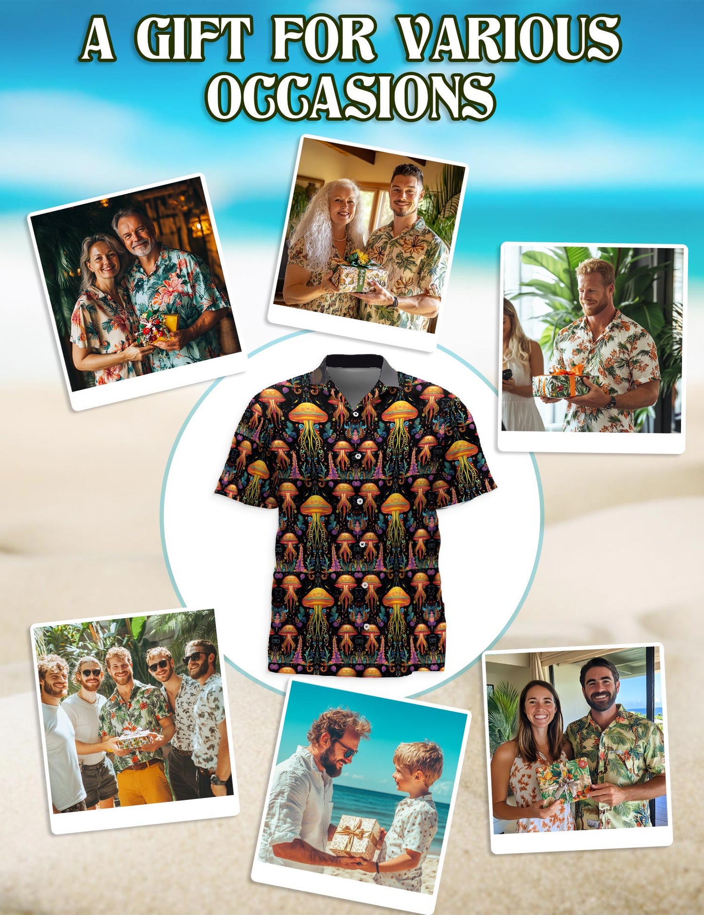 Netecom Hippie Jellyfish Hawaiian Shirt for Men, Retro Style, Button Down Summer Beach Short Sleeve, S-5XL