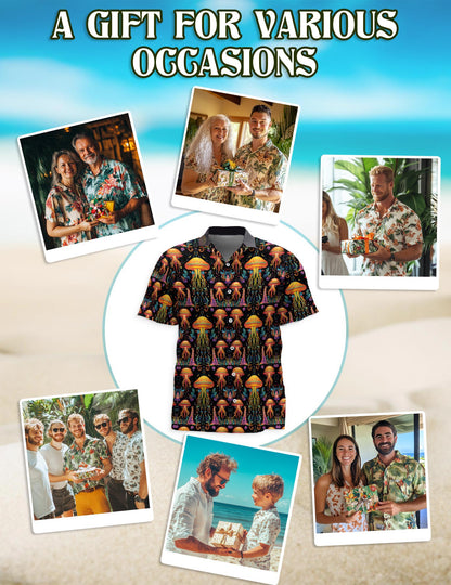 Netecom Hippie Jellyfish Hawaiian Shirt for Men, Retro Style, Button Down Summer Beach Short Sleeve, S-5XL