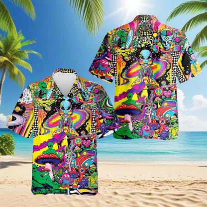 Netecom Hippie Mushroom Alien Hawaiian Shirt for Men Women, Button Down Summer Aloha Beach Short Sleeve, Groovy Style, S-5XL
