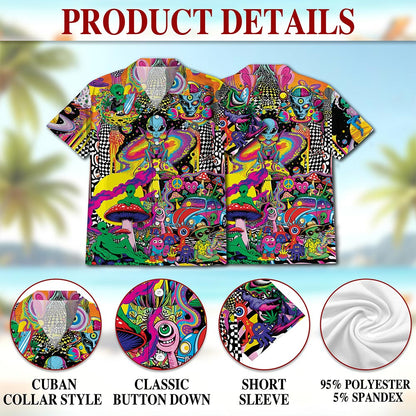 Netecom Hippie Mushroom Alien Hawaiian Shirt for Men Women, Button Down Summer Aloha Beach Short Sleeve, Groovy Style, S-5XL
