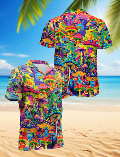 Netecom Hippie Mushroom Hawaiian Shirt for Men, Button Down Summer Beach Short Sleeve, S-5XL