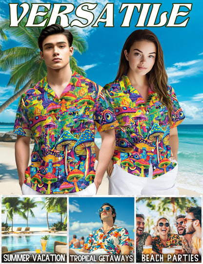 Netecom Hippie Mushroom Hawaiian Shirt for Men, Button Down Summer Beach Short Sleeve, S-5XL
