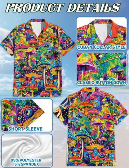 Netecom Hippie Mushroom Hawaiian Shirt for Men, Button Down Summer Beach Short Sleeve, S-5XL