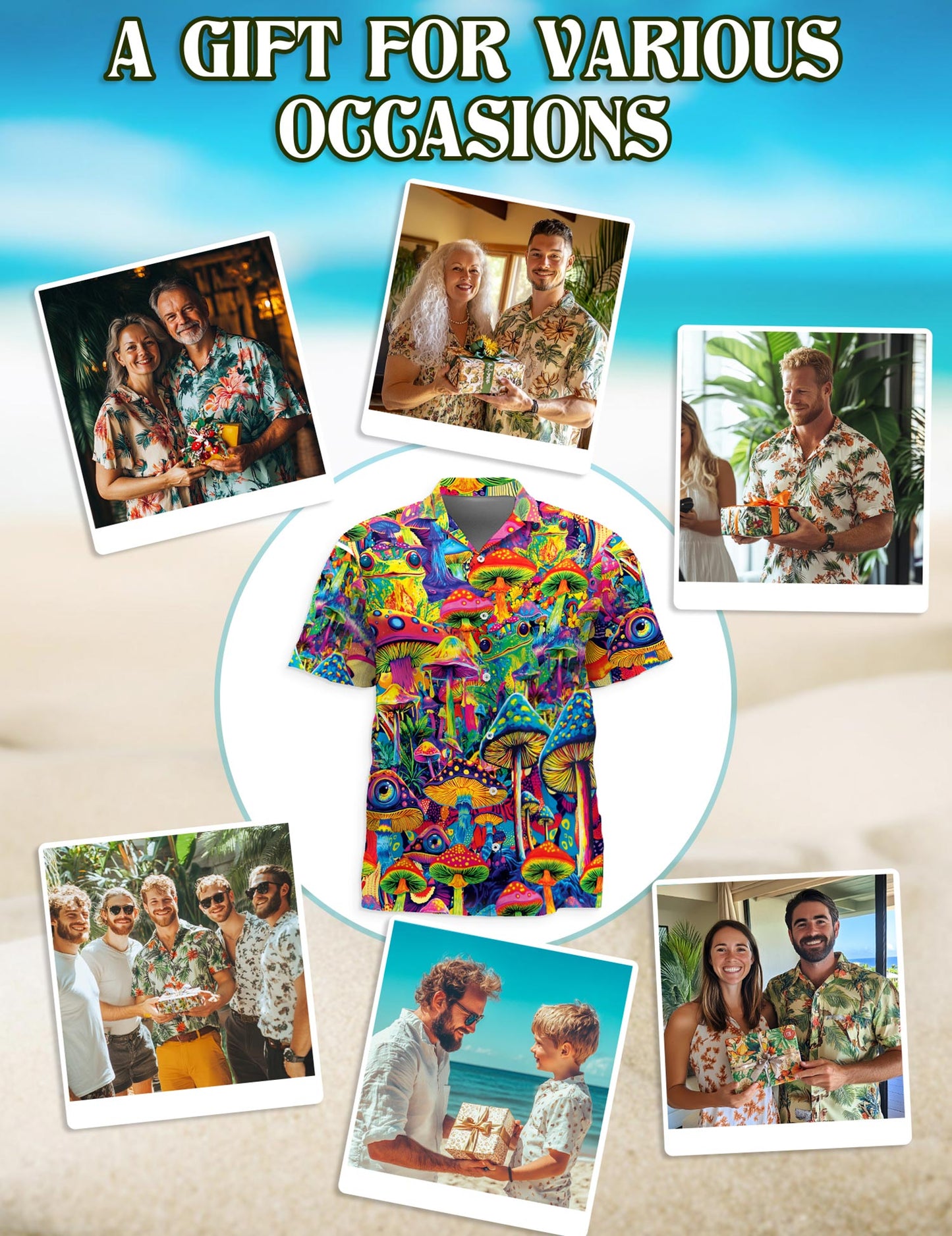Netecom Hippie Mushroom Hawaiian Shirt for Men, Button Down Summer Beach Short Sleeve, S-5XL