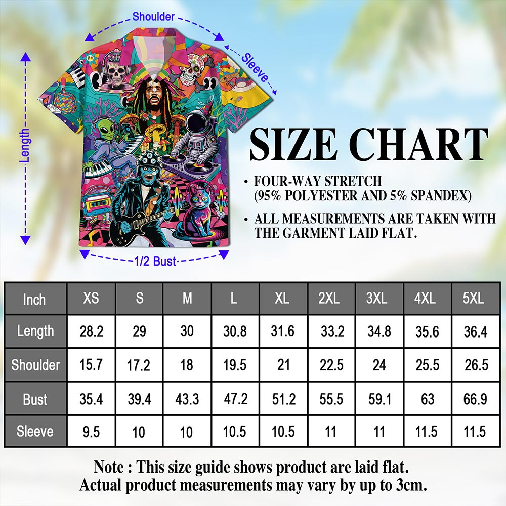 Netecom Hippie Music Hawaiian Shirt for Men Women, Musical Instruments Button Down Summer Beach Short Sleeve Shirts, S-5XL
