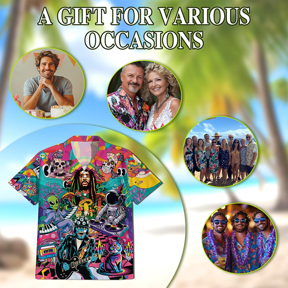 Netecom Hippie Music Hawaiian Shirt for Men Women, Musical Instruments Button Down Summer Beach Short Sleeve Shirts, S-5XL