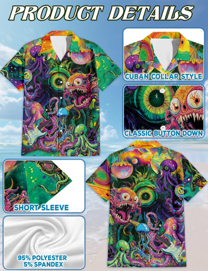Netecom Hippie Octopus Play Guitar Hawaiian Shirt for Men, Button Down Summer Beach Short Sleeve, Sizes S-5XL