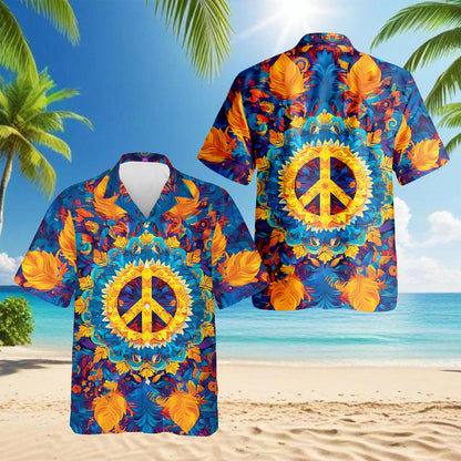 Netecom Hippie Peace Hawaiian Shirt for Men, Button Down Summer Beach Short Sleeve, Hippie Style, S-5XL