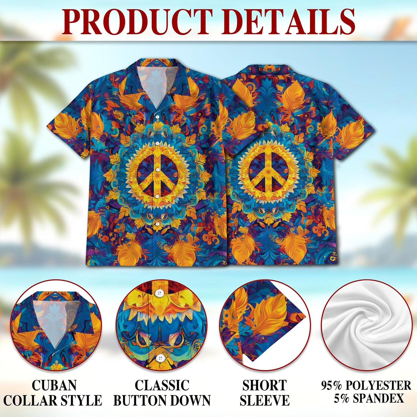 Netecom Hippie Peace Hawaiian Shirt for Men, Button Down Summer Beach Short Sleeve, Hippie Style, S-5XL