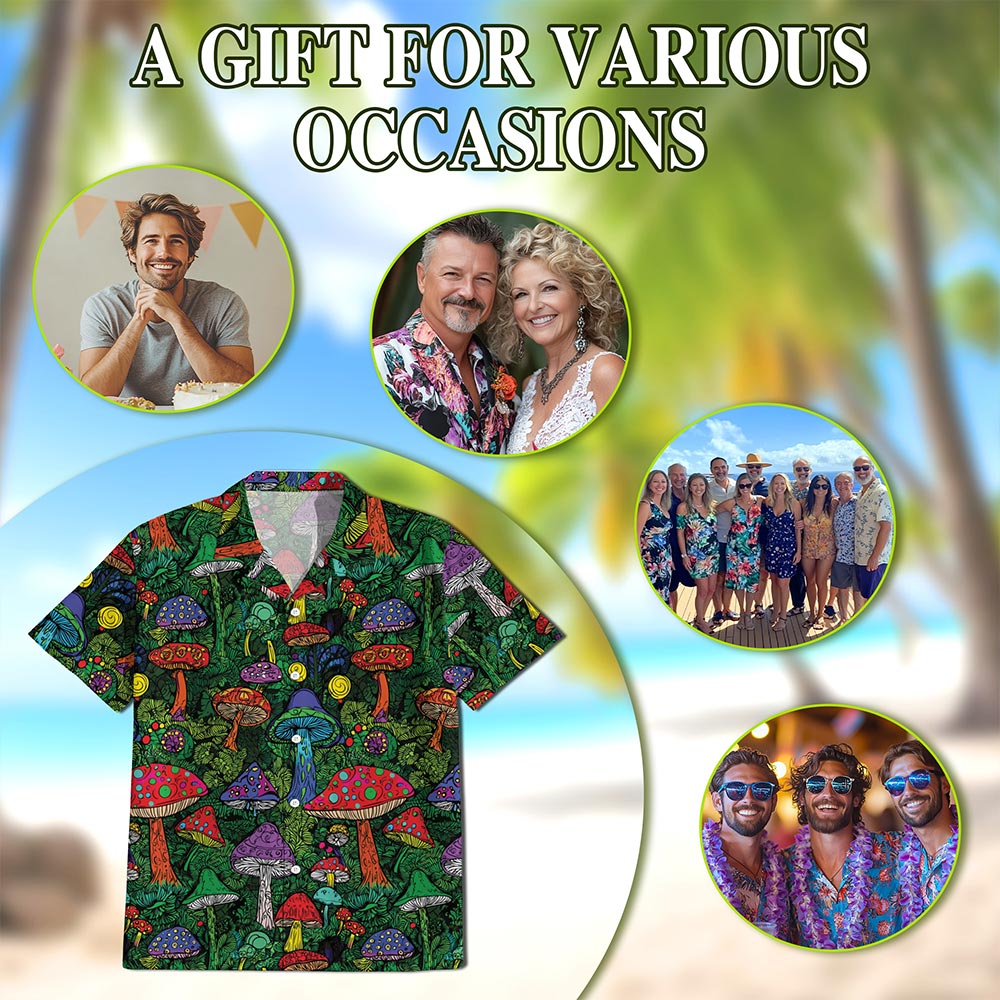 Netecom Hippie Vintage Trippy Mushroom Aloha Hawaiian Shirt for Men, Button Down Summer Beach Short Sleeve, Retro, S-5XL