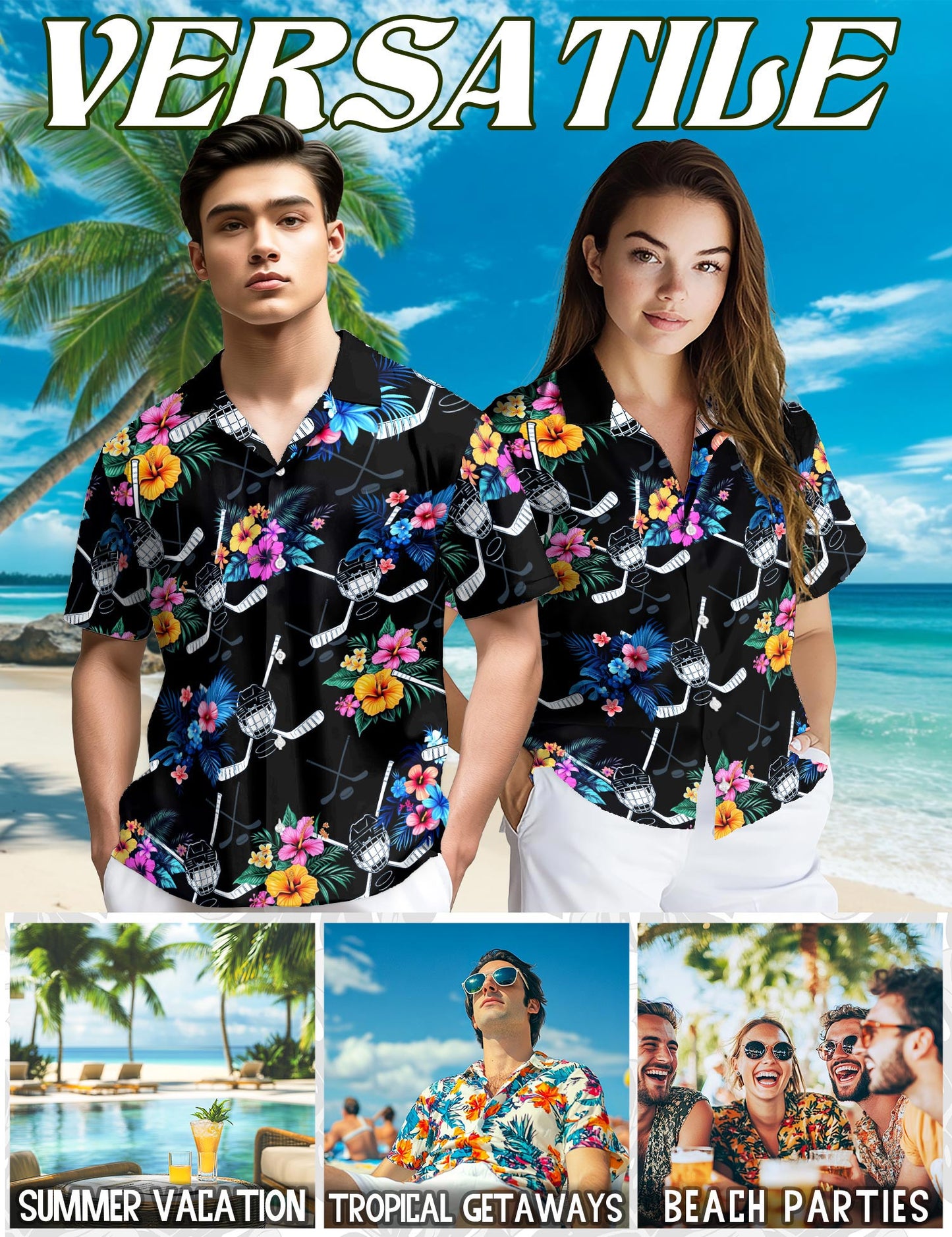 Netecom Hockey Hawaiian Shirt for Men, Tropical Style, Button Down Summer Beach Short Sleeve, S-5XL