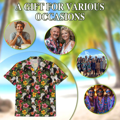 Netecom Holstein Cow Hawaiian Shirt for Men, Button Down Summer Beach Short Sleeve, Tropical Style, Sizes S-5XL