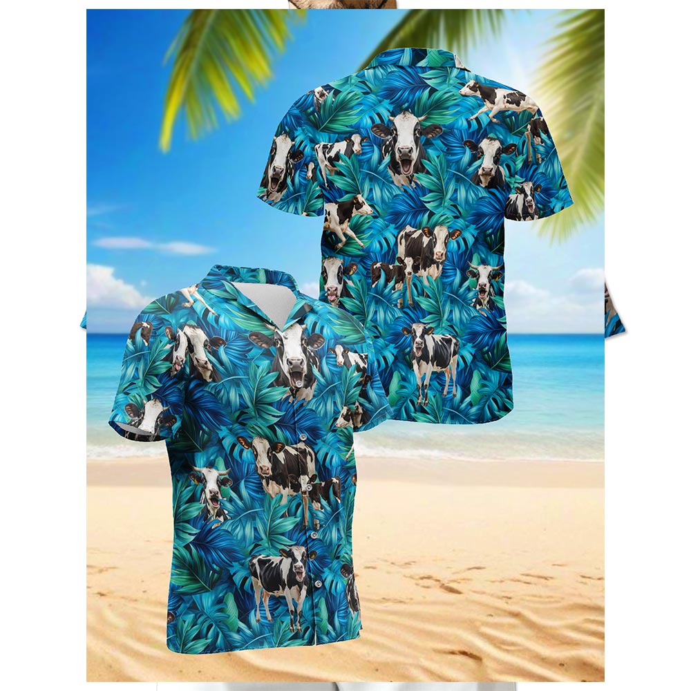Netecom Holstein Friesian Cattle Hawaiian Shirt for Men, Tropical Holstein Cow Button Down Summer Beach Short Sleeve, S-5XL