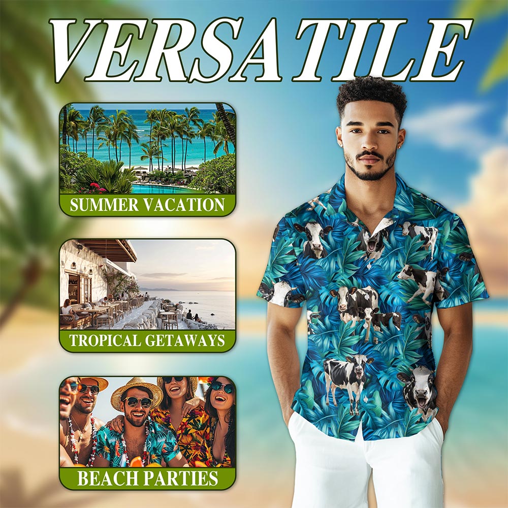 Netecom Holstein Friesian Cattle Hawaiian Shirt for Men, Tropical Holstein Cow Button Down Summer Beach Short Sleeve, S-5XL